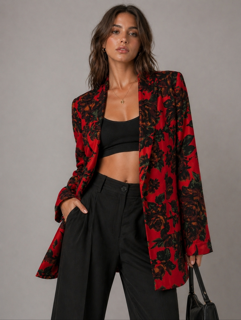 Zara Red Floral Blazer Satin Look Statement Jacket Size Small